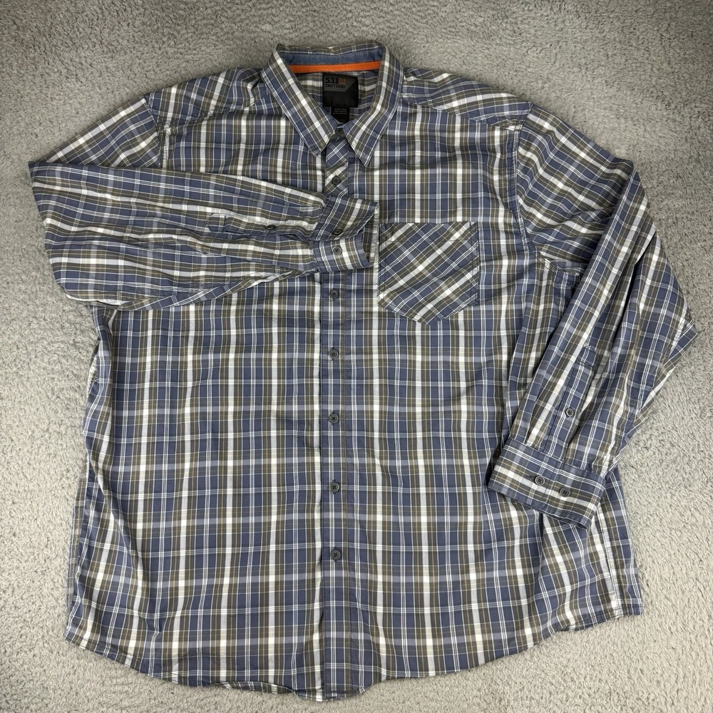5.11 tactical Mens XL Button Up Long Sleeve Shirt Blue Plaid Pockets Workwear
